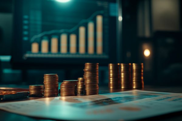 charts increasing behind stacks of coins