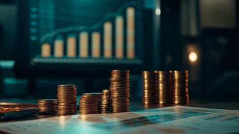 charts increasing behind stacks of coins