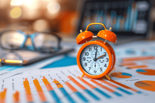 Orange alarm clock sitting on top of charts and graphs