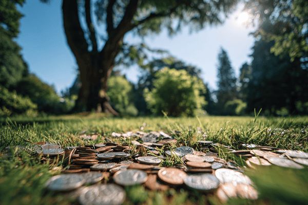 Various coins strewn acorss green grass with trees above and a sunny sky