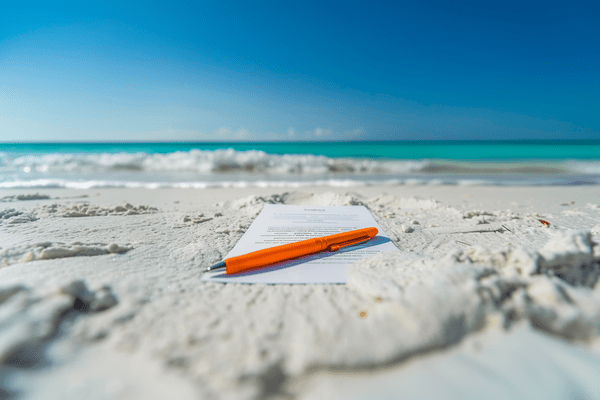 Contract with an orange pen laying on a beach with waves rolling in in the background