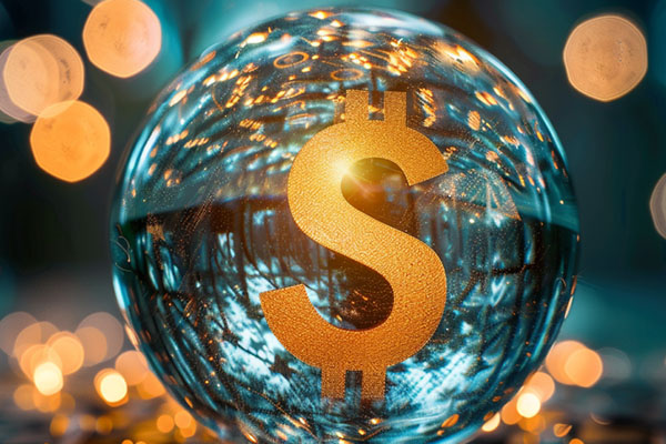 Crystal ball with orange dollar sign inside.