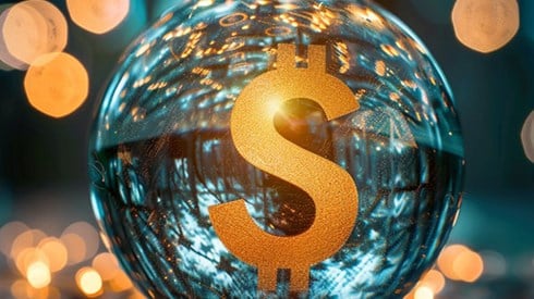 Crystal ball with orange dollar sign inside.