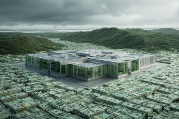 high view of a long, low data center building sitting on stacks of US currency bills with mountains and clouds in the distance