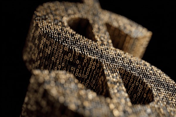 A dollar sign made out of binary code