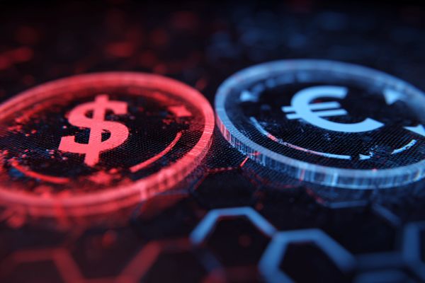 red disc with a dollar sign and a blue disc with a euro sign