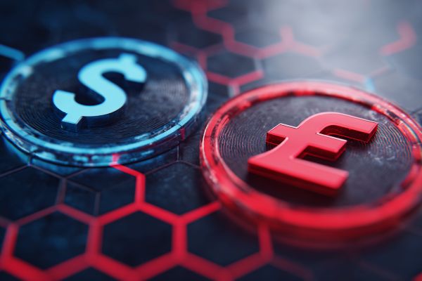 blue dollar sign on a disc next to a red UK pound sterling sign on a disc on a red and black hexagon pattern