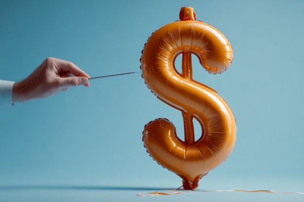 dollar sign-shaped balloon next to a businessman's hand holding a needle