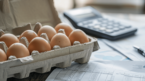 A dozen brown eggs in a carton sitting on a desk with a calculator and financial papers