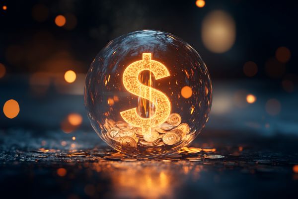 Glowing ball with a large orange dollar sign inside it and coins at the base