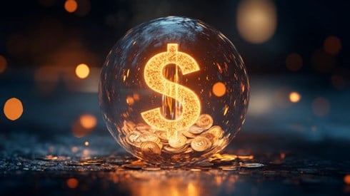 Glowing ball with a large orange dollar sign inside it and coins at the base