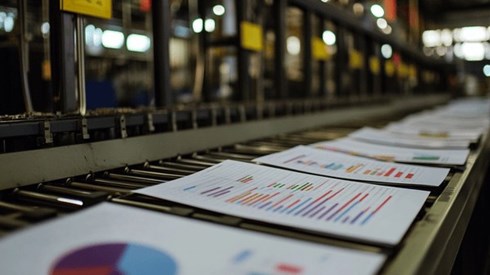 Various types of graphs going down a factory line
