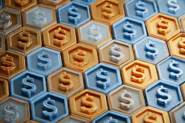 blue and orange hexagon pattern with dollar signs on each section