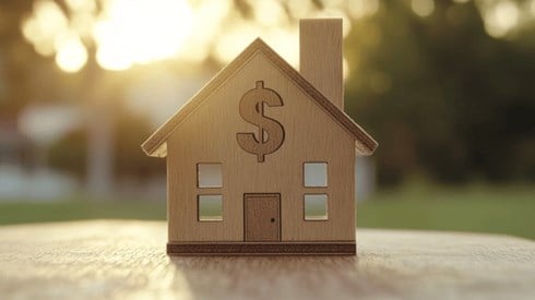 A model wooden house with a dollar sign carved into the front of it outside on a sunny day