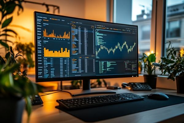 computer monitor on desk with predictive models on screen surrounded by plants