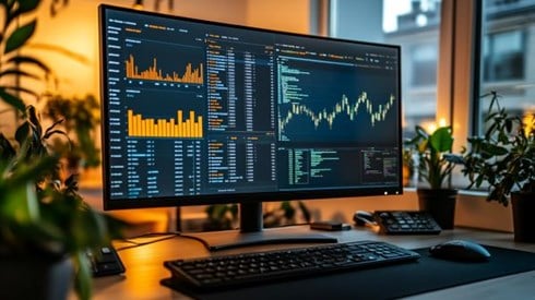 computer monitor on desk with predictive models on screen surrounded by plants