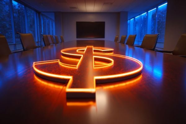 large neon dollar sign on a conference table in a blue-lit office