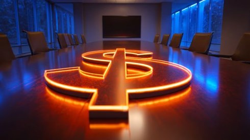 large neon dollar sign on a conference table in a blue-lit office