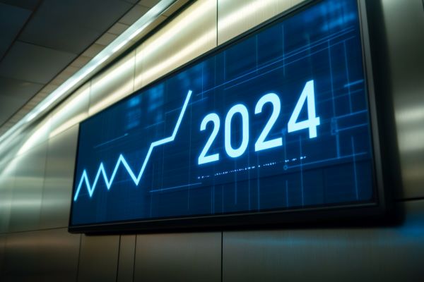 large screen with a blue line graph trending up with numbers 2024