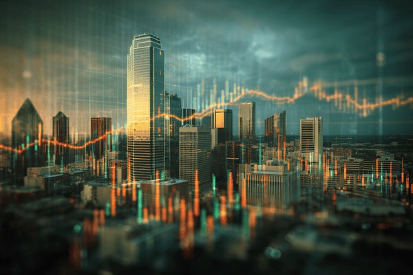 A line graph with a city's business district skyline in the background
