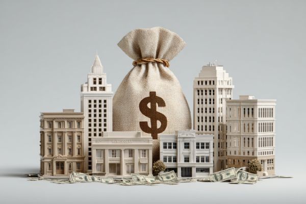 canvas sack of cash with a dollar sign and currency bills surrounded by model commercial buildings