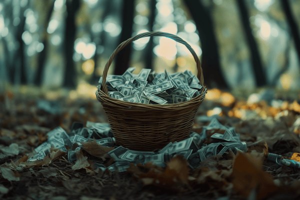 a wicker basket overflowing with money outside in a forest