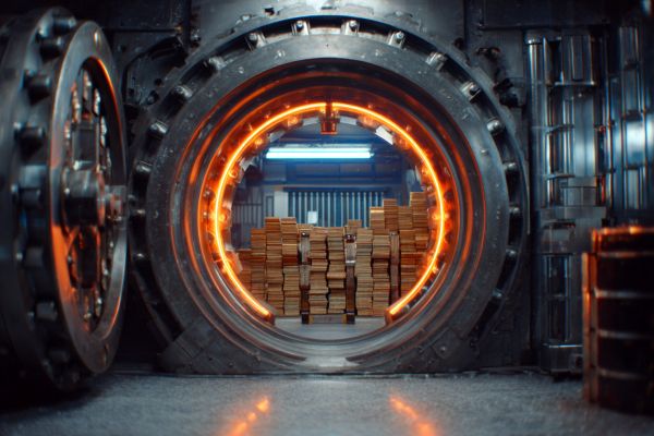 open bank vault door with stacks of paper currency inside