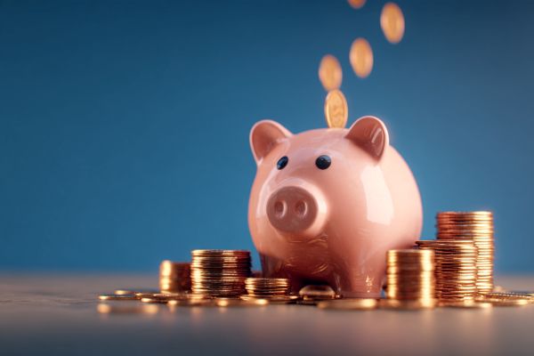 pink piggy bank with stacks of gold coins around it and coins falling into the top on a blue background