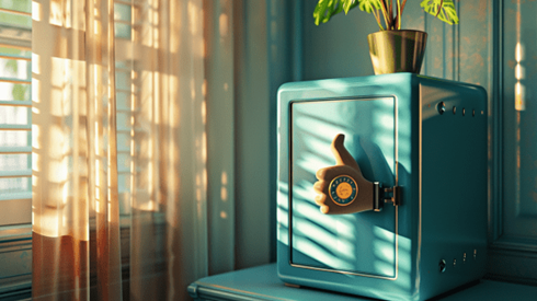 Metal blue safe sitting on a desk with a thumb's-up attached to the combination lock with sun shining in through a window with curtains and blinds