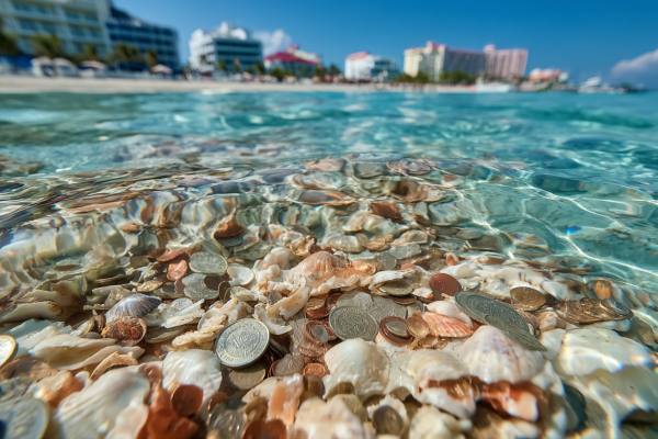 shells and coins under ocean water with an island tourist area and hotels above the water in the background