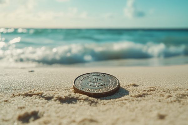 coin with a dollar sign on a beach