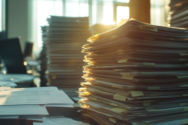 stack of tax forms in front of a sunny window