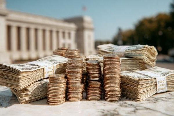 stacks of coins and paper currency on a marble table in front of a government building
