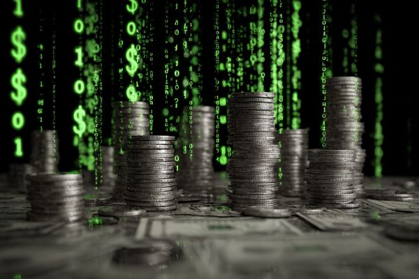 stacks of silver coins with vertical lines of green binary code with dollar signs