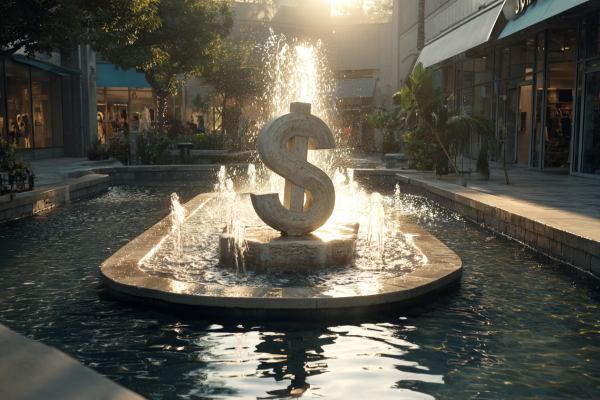 stone dollar sign fountain in a water feature at an outdoor shopping area