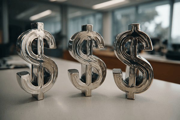 Three silver dollar signs on an office desk