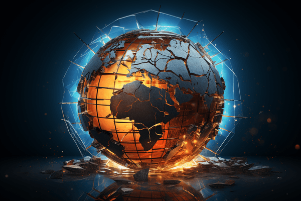Cracked globe on top of piles of gold coins