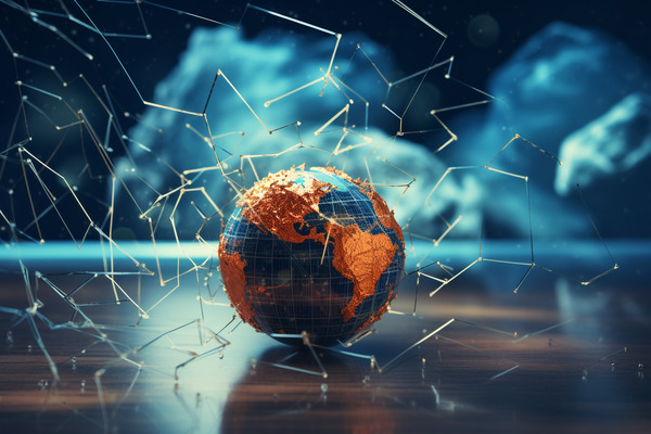 Crackled illustrated image of blue and orange globe sitting on a tabletop