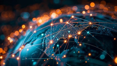 A globe with glowing lights with lines connecting them