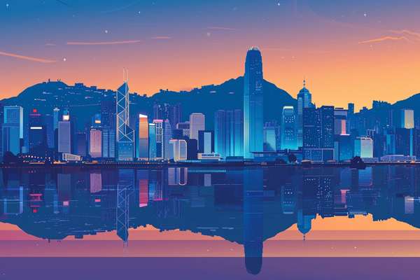 Illustrated skyline of Hong Kong at night