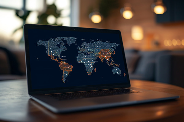 A laptop sitting on a desk with a map of the world on screen