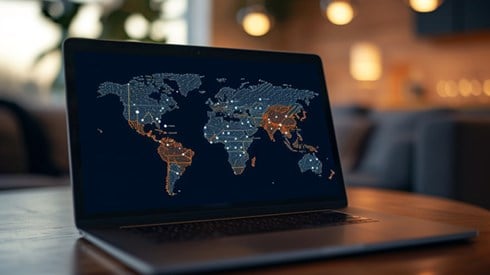 A laptop sitting on a desk with a map of the world on screen
