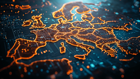 An orange map of Europe made of cyber nodes with an AI design