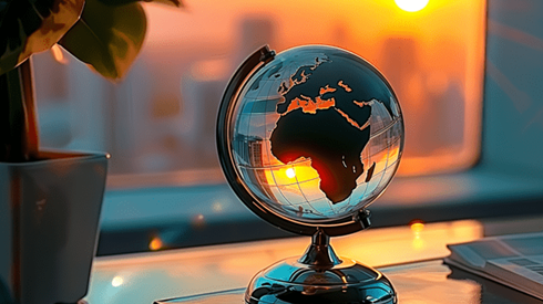 A glass globe sits on a desk with a setting sun illuminating Africa and Europe