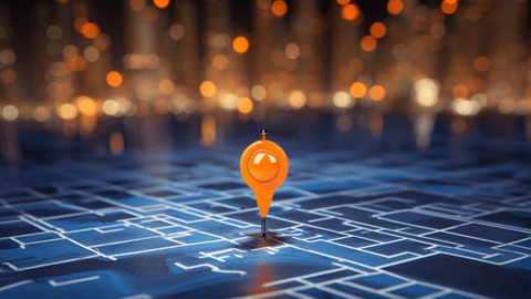 Orange Pin Dot Marks Location on Flat Map Surface with Muted Points of Light in Background