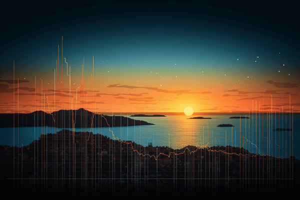 Line Graph Superimposed over Scene of Sunrise over Water Horizon with Islands in Foreground