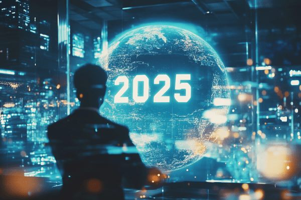 A businessman standing in front of a hologram of a globe with 2025 written on it in an office building