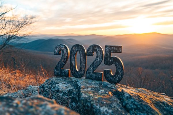 the numbers 2025 in front of a mountain sunrise
