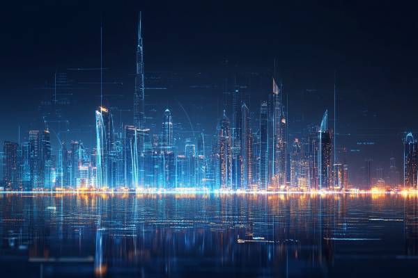 Abu Dhabi skyline at night with digital outlines