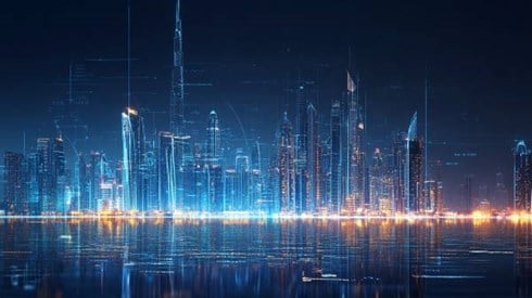 Abu Dhabi skyline at night with digital outlines